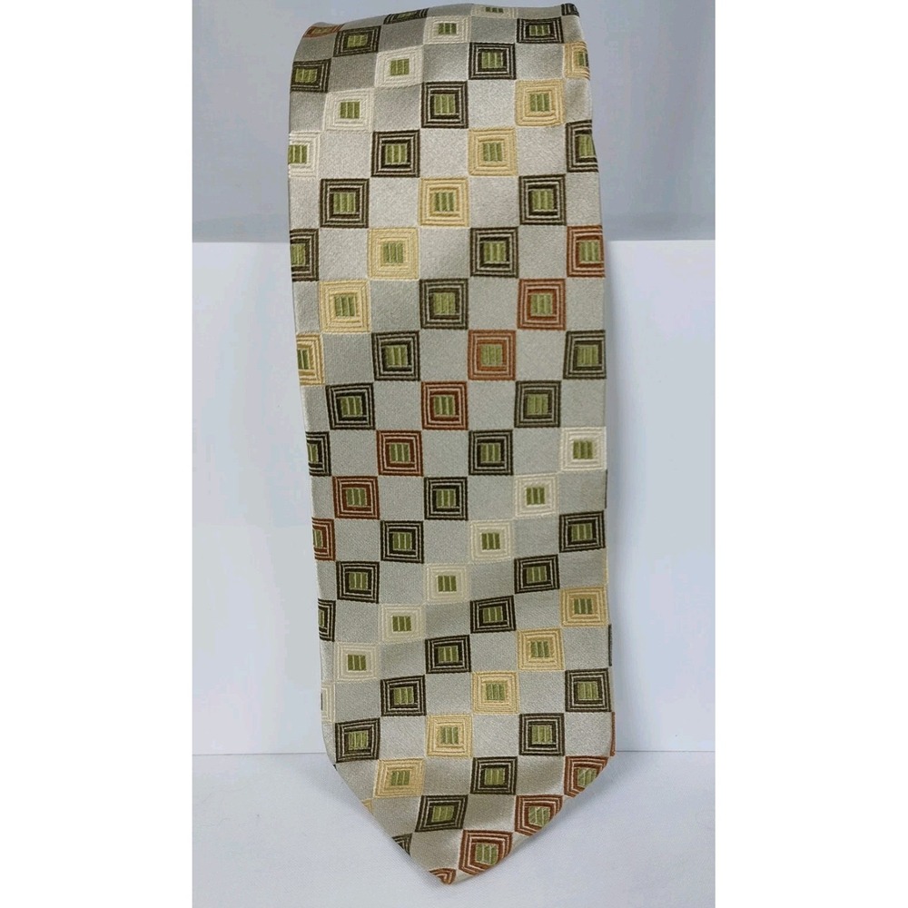 Peacock Men's Silk Tie Geometric Pattern‎ Tan Green Handmade 3"x60"